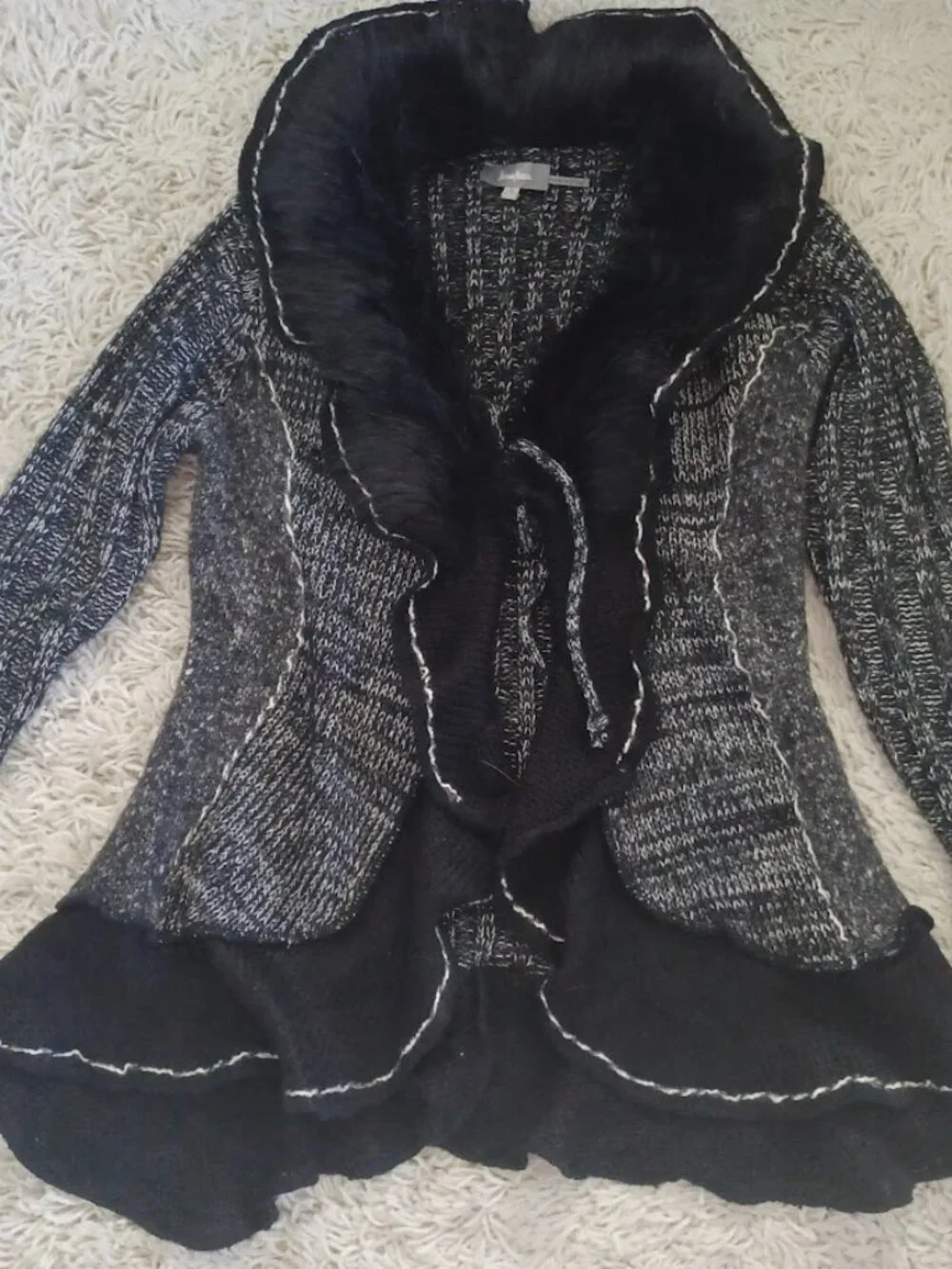 Neiman Marcus Black Gray Marled Knit Faux Fur Ruffle Cardigan Sweater Jacket – S